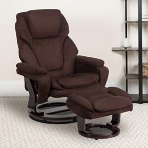 Flash Furniture Contemporary Multi-Position Recliner and Ottoman with Swivel Mahogany Wood Base in Brown Microfiber