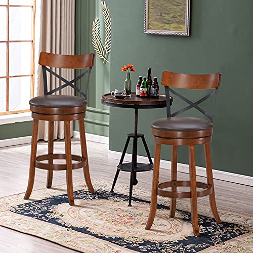 COSTWAY Bar Stool Set of 2, 360-Degree Swivel Solid Wood Stools with Soft Cushion & Backrest, 29.5”Height Kitchen Counter Bar Stools for Kitchen Island, Pub, and Restaurant (2, 29in)