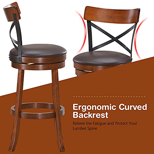 COSTWAY Bar Stool Set of 2, 360-Degree Swivel Solid Wood Stools with Soft Cushion & Backrest, 29.5”Height Kitchen Counter Bar Stools for Kitchen Island, Pub, and Restaurant (2, 29in)