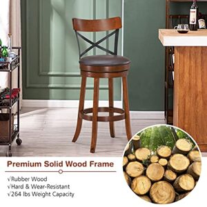 COSTWAY Bar Stool Set of 2, 360-Degree Swivel Solid Wood Stools with Soft Cushion & Backrest, 29.5”Height Kitchen Counter Bar Stools for Kitchen Island, Pub, and Restaurant (2, 29in)