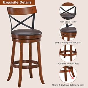 COSTWAY Bar Stool Set of 2, 360-Degree Swivel Solid Wood Stools with Soft Cushion & Backrest, 29.5”Height Kitchen Counter Bar Stools for Kitchen Island, Pub, and Restaurant (2, 29in)