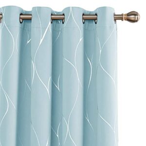 deconovo 84 inch long blackout curtains, silver wave foil print grommet room darkening curtain, noise reducing window draperies for living room (52″ w x 84″ l, 1 pair, sky blue)