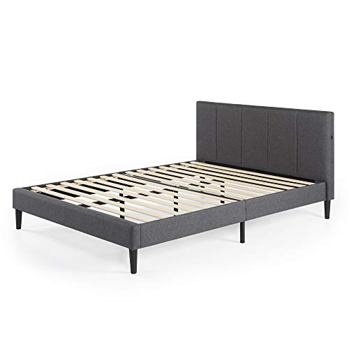 ZINUS Maddon Upholstered Platform Bed Frame with USB Ports / Mattress Foundation / Wood Slat Support / No Box Spring Needed / Easy Assembly, Grey, Queen