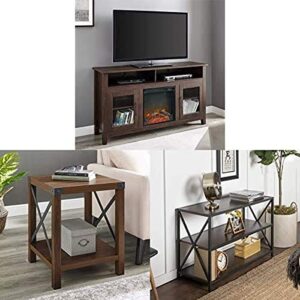 walker edison furniture tall rustic wood fireplace stand for tv’s with small end table and tall bookshelf home-office storage, 40 inch, walnut brown