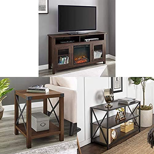 Walker Edison Furniture Tall Rustic Wood Fireplace Stand for TV's with Small End Table and Tall Bookshelf Home-Office Storage, 40 Inch, Walnut Brown