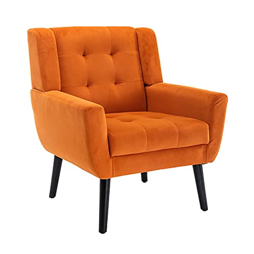 Dolonm Midcentury Modern Accent Chair with Arms, Upholstered Fabric Reading Side Chair Tufted Back Decorative Wingback Chair for Living Room Bedroom (Orange)