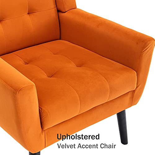 Dolonm Midcentury Modern Accent Chair with Arms, Upholstered Fabric Reading Side Chair Tufted Back Decorative Wingback Chair for Living Room Bedroom (Orange)