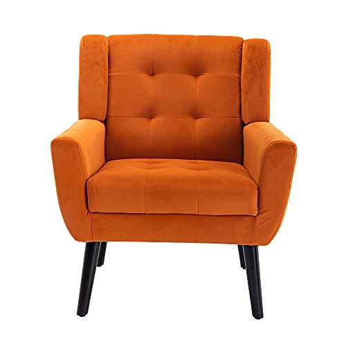 Dolonm Midcentury Modern Accent Chair with Arms, Upholstered Fabric Reading Side Chair Tufted Back Decorative Wingback Chair for Living Room Bedroom (Orange)