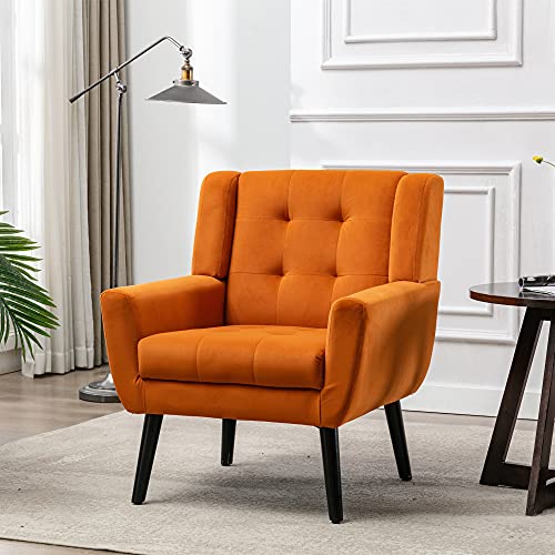 Dolonm Midcentury Modern Accent Chair with Arms, Upholstered Fabric Reading Side Chair Tufted Back Decorative Wingback Chair for Living Room Bedroom (Orange)