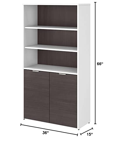 Bush Business Furniture Jamestown 5 Shelf Bookcase with Doors in White and Storm Gray