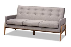 baxton studio perris mid-century modern light grey fabric upholstered walnut finished wood sofa