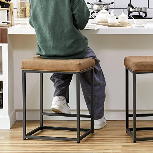 Yaheetech 24" Metal Barstools Set of 4 Counter Height Bar Stools Backless Industrial Stool Modern Upholstered Leather Stools Dining Cafe Chair Brown