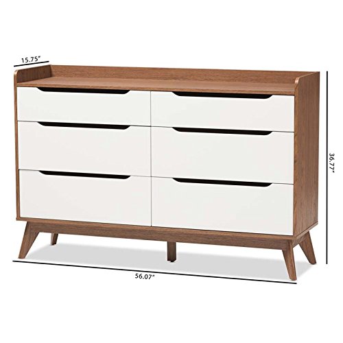 Baxton Studio Brighton 6-Drawer Storage Dresser Mid-Century/White/Walnut Brown/Particle Board/MDF with PU Paper/