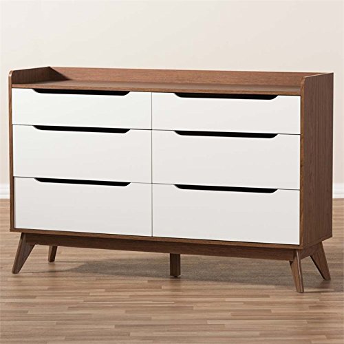 Baxton Studio Brighton 6-Drawer Storage Dresser Mid-Century/White/Walnut Brown/Particle Board/MDF with PU Paper/