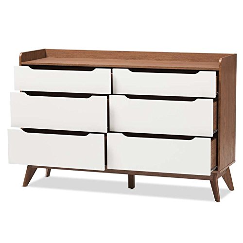 Baxton Studio Brighton 6-Drawer Storage Dresser Mid-Century/White/Walnut Brown/Particle Board/MDF with PU Paper/