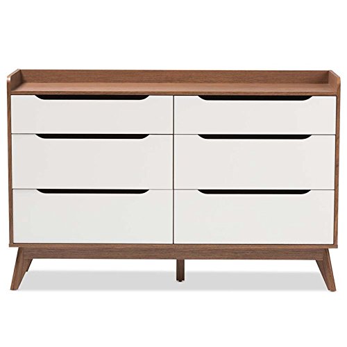 Baxton Studio Brighton 6-Drawer Storage Dresser Mid-Century/White/Walnut Brown/Particle Board/MDF with PU Paper/