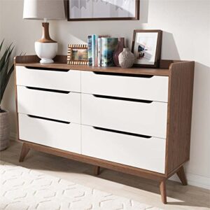 Baxton Studio Brighton 6-Drawer Storage Dresser Mid-Century/White/Walnut Brown/Particle Board/MDF with PU Paper/