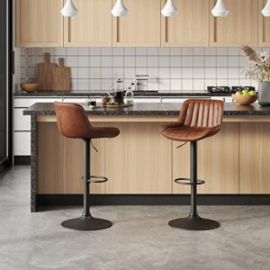 Volans Bar Stools Set of 4, Mid Century Modern Faux Leather Swivel Adjustable Height Bar Stool, Counter Height Pub Bar Chair with Back, Black Powder Coated Base, Cognac