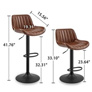 Volans Bar Stools Set of 4, Mid Century Modern Faux Leather Swivel Adjustable Height Bar Stool, Counter Height Pub Bar Chair with Back, Black Powder Coated Base, Cognac