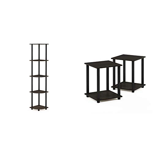 Furinno Turn-N-Tube 5 Tier Corner Display Rack Multipurpose Shelving Unit, 1-Pack, Dark Brown Grain/Black & Simplistic Set of 2 End Table, Espresso/Black