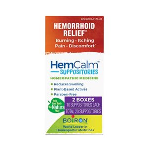 boiron hemcalm suppositories for hemorrhoid relief of pain, itching, swelling or discomfort – 10 count (pack of 2)