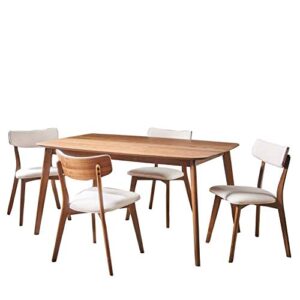 christopher knight home alma mid-century wood dining set with fabric chairs, 5-pcs set, natural walnut / light beige