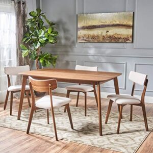 Christopher Knight Home Alma Mid-Century Wood Dining Set with Fabric Chairs, 5-Pcs Set, Natural Walnut / Light Beige