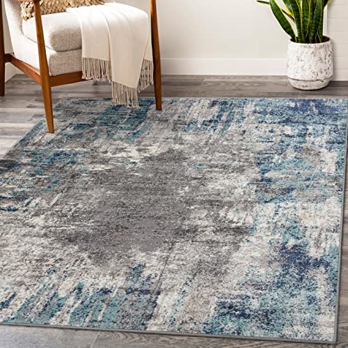 LUXE WEAVERS Rug 7680 Abstract Modern Area Rug, Stain Resistant, Machine-Made, Dark Blue, Light Blue / 8' x 10'