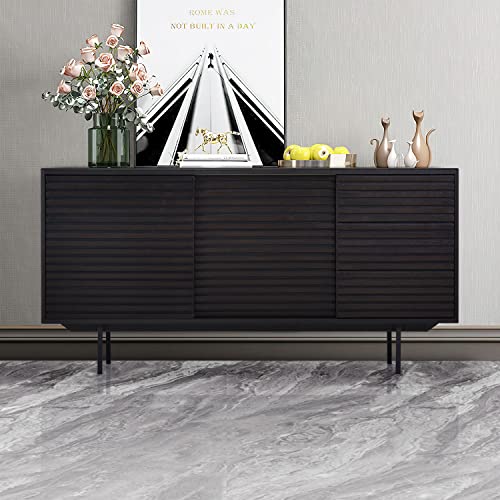 WILLIAMSPACE 62" Mid-Century Modern Wood Cabinet Buffet Sideboard with 3 Drawers & Sliding Barn Door, Entryway Serving Storage Cabinet or TV Stand, Dark Brown