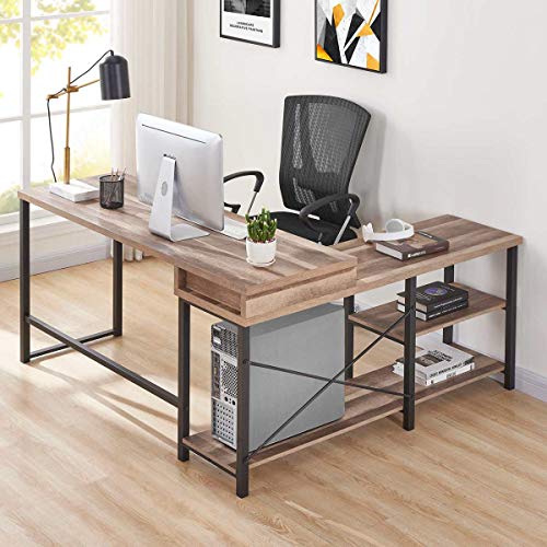 BON AUGURE L Shaped Computer Desk with Storage Shelves, Reversible Industrial Corner Desks for Home Office, Farmhouse Computer Table Writing Desk Workstation (59 Inch, Vintage Oak)