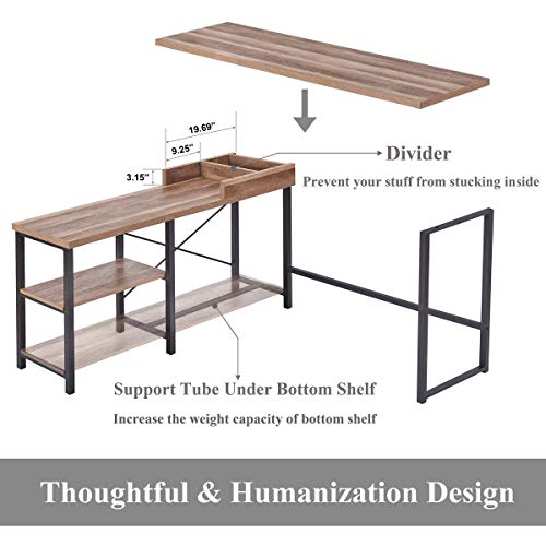 BON AUGURE L Shaped Computer Desk with Storage Shelves, Reversible Industrial Corner Desks for Home Office, Farmhouse Computer Table Writing Desk Workstation (59 Inch, Vintage Oak)