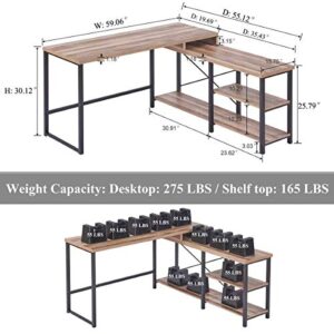 BON AUGURE L Shaped Computer Desk with Storage Shelves, Reversible Industrial Corner Desks for Home Office, Farmhouse Computer Table Writing Desk Workstation (59 Inch, Vintage Oak)