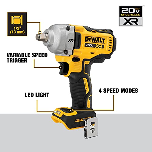 DEWALT 20V MAX Cordless Impact Wrench, 1/2" Hog Ring, Includes LED Work Light and Belt Clip, Bare Tool Only (DCF891B)