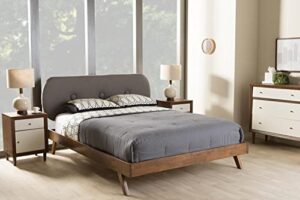 baxton studio penelope mid-century modern solid walnut wood grey fabric upholstered full size platform bed