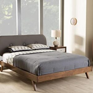 Baxton Studio Penelope Mid-Century Modern Solid Walnut Wood Grey Fabric Upholstered Full Size Platform Bed