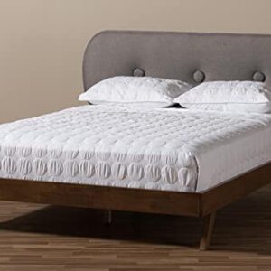 Baxton Studio Penelope Mid-Century Modern Solid Walnut Wood Grey Fabric Upholstered Full Size Platform Bed