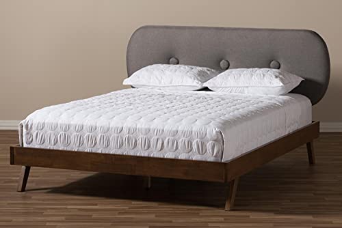 Baxton Studio Penelope Mid-Century Modern Solid Walnut Wood Grey Fabric Upholstered Full Size Platform Bed