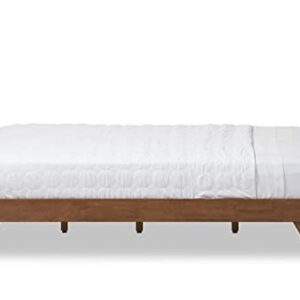 Baxton Studio Penelope Mid-Century Modern Solid Walnut Wood Grey Fabric Upholstered Full Size Platform Bed