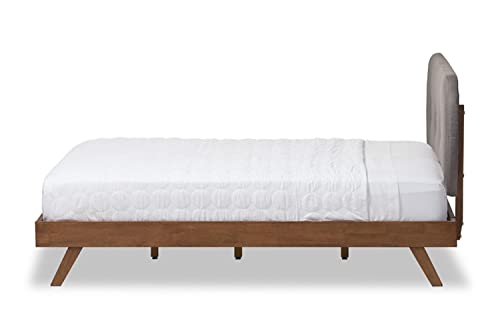 Baxton Studio Penelope Mid-Century Modern Solid Walnut Wood Grey Fabric Upholstered Full Size Platform Bed