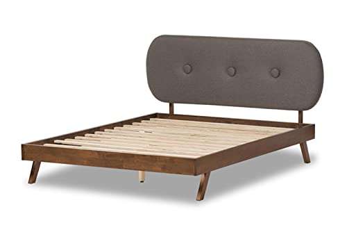 Baxton Studio Penelope Mid-Century Modern Solid Walnut Wood Grey Fabric Upholstered Full Size Platform Bed