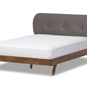 Baxton Studio Penelope Mid-Century Modern Solid Walnut Wood Grey Fabric Upholstered Full Size Platform Bed