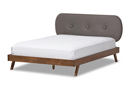 Baxton Studio Penelope Mid-Century Modern Solid Walnut Wood Grey Fabric Upholstered Full Size Platform Bed