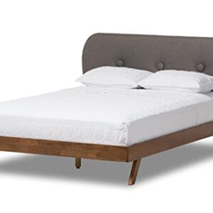 Baxton Studio Penelope Mid-Century Modern Solid Walnut Wood Grey Fabric Upholstered Full Size Platform Bed