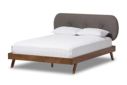 Baxton Studio Penelope Mid-Century Modern Solid Walnut Wood Grey Fabric Upholstered Full Size Platform Bed