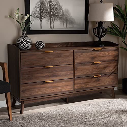 Baxton Studio Lena Mid-Century Modern Walnut Brown Finished 6-Drawer Wood Dresser