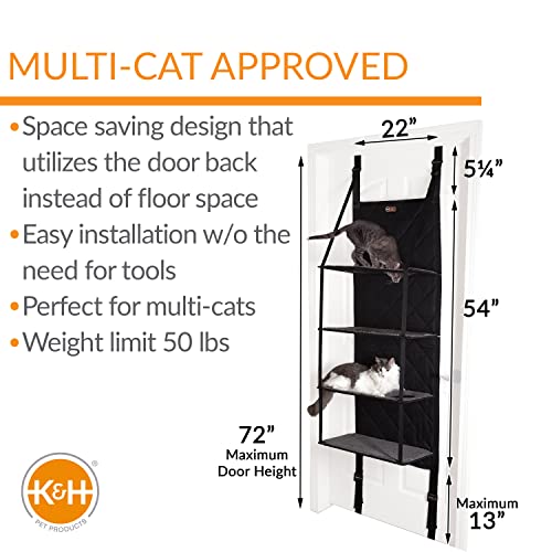 K&H PET PRODUCTS Hangin’ Cat Tree - Door Mounted Cat Climber Cat Wall Perch Furniture Cat Hammock Bed Cat Perch for Indoor Cats, Hanging Cat Bed, Elevated Cat Bed - 4 Story Gray 12 X 22 X 65 Inches