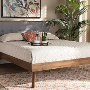 Baxton Studio Alke Mid-Century Modern Light Grey Fabric Upholstered Walnut Brown Finished Wood King Size Platform Bed