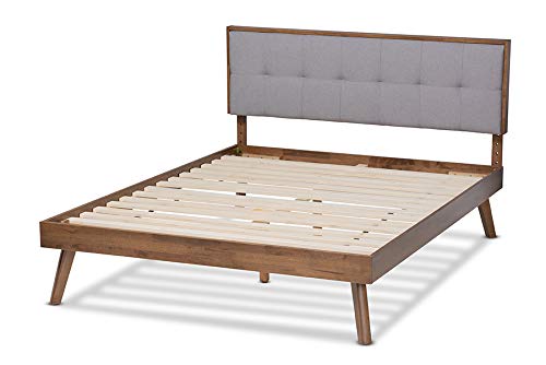 Baxton Studio Alke Mid-Century Modern Light Grey Fabric Upholstered Walnut Brown Finished Wood King Size Platform Bed