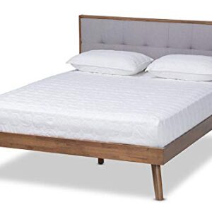 Baxton Studio Alke Mid-Century Modern Light Grey Fabric Upholstered Walnut Brown Finished Wood King Size Platform Bed