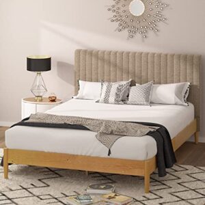 zinus amelia wood platform bed frame with upholstered headboard / solid wood bed / no box spring needed / easy assembly, king